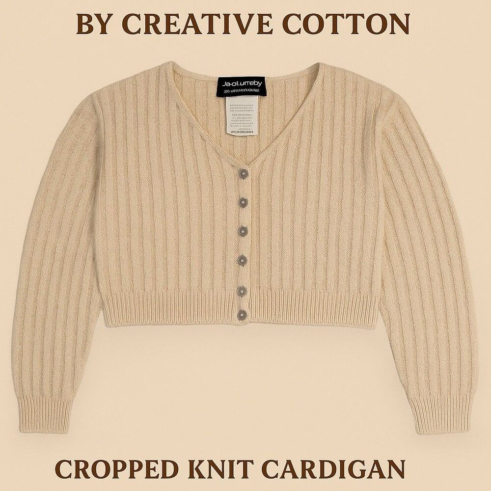 Vintage 90s Absolutely by Creative Cotton Cropped Knit Cardigan  Beige  USA Med